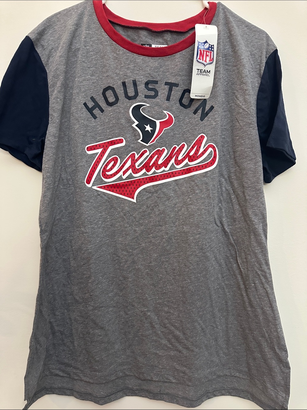 Women’s NFL Houston Texans Gray Tee with Navy Sleeves and Red Trim